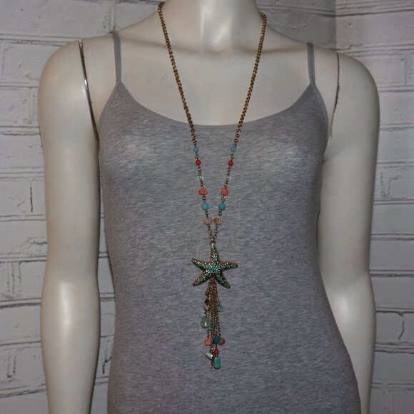 🌊 Gold & Turquoise Starfish Necklace · 34" - Picture 1 of 4